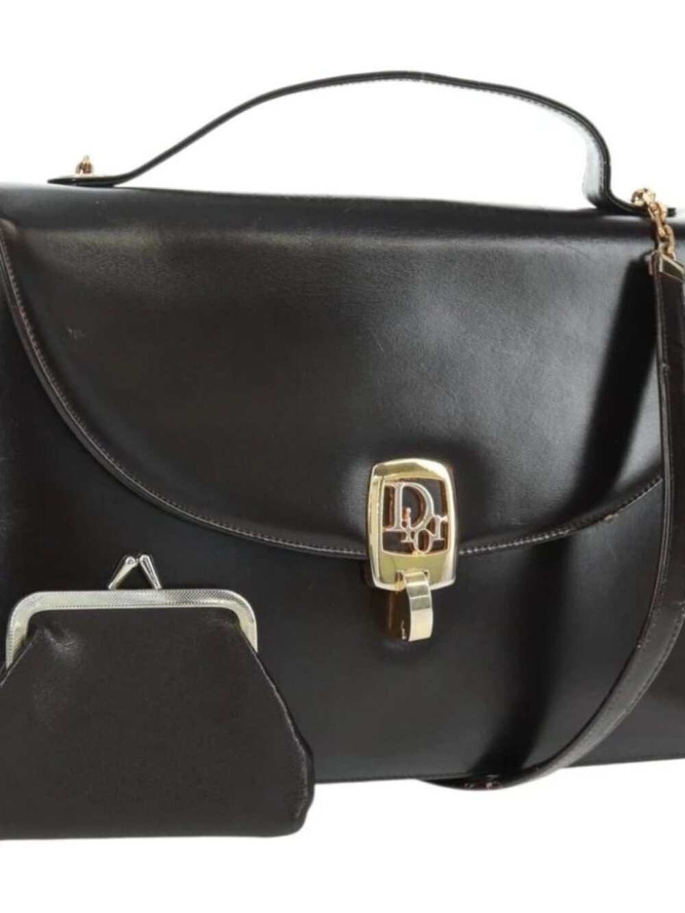 Christian Dior Hand Bag Calf Skin 2way Black Gold